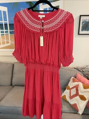 Max Studio Coral Pink Embroidered Yoke Midi Dress